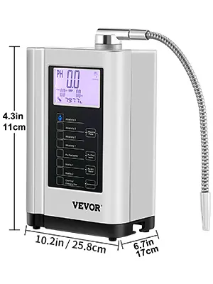 Ionizador de agua VEVOR con manguera flexible y pantalla retroiluminada que muestra los niveles de ph.