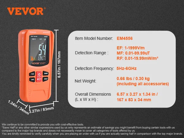 VEVOR emf meter em4556, orange, with digital display and detailed specs on the side.