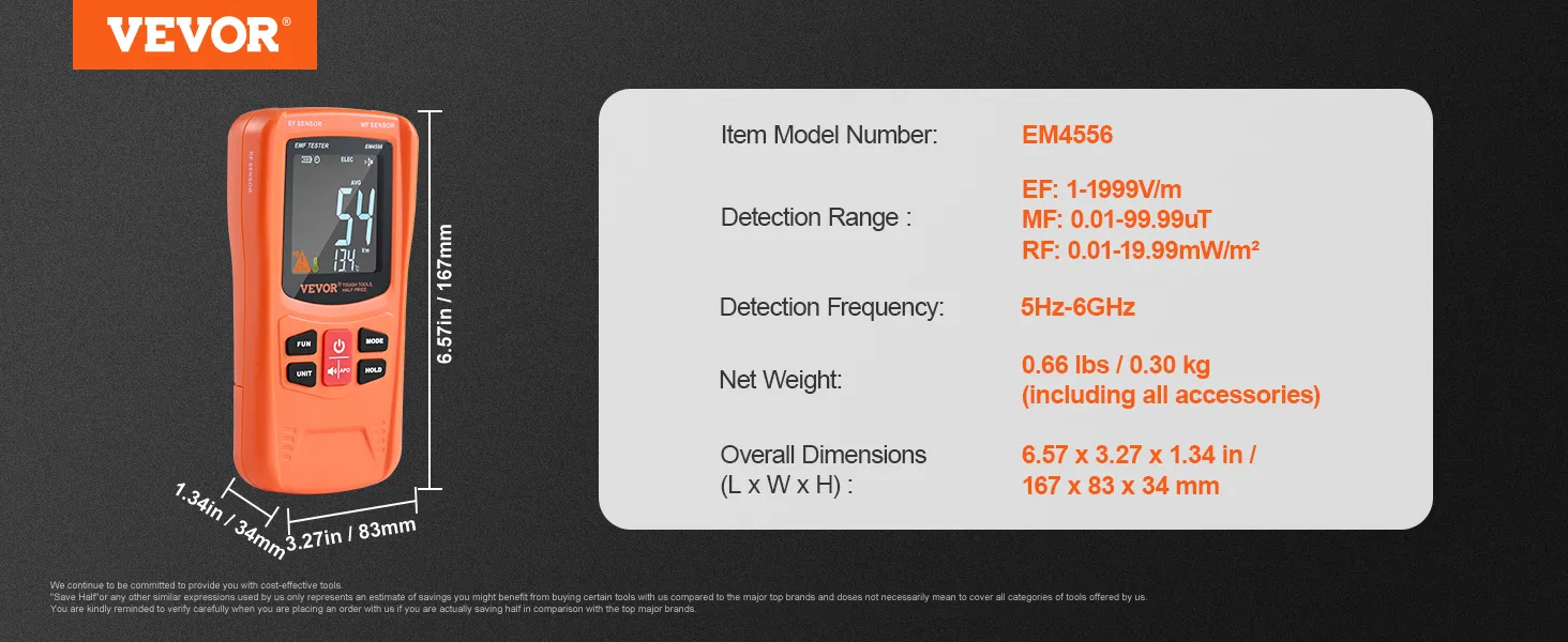 VEVOR emf meter em4556, orange, with digital display and detailed specs on the side.