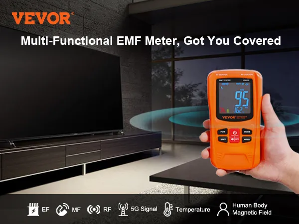 VEVOR emf meter, multi-functional tool in modern living room measuring electromagnetic fields.