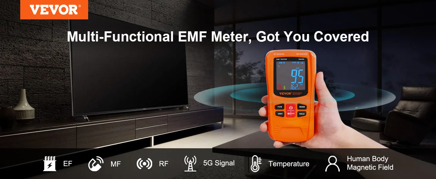 VEVOR emf meter, multi-functional tool in modern living room measuring electromagnetic fields.