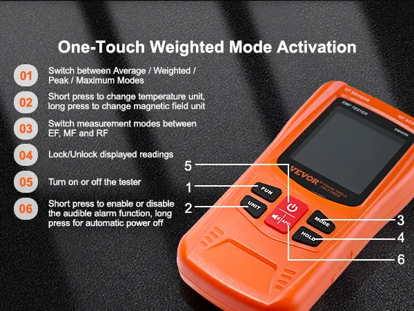 VEVOR emf meter with button functions for measurement modes, unit changes, and display lock/unlock.