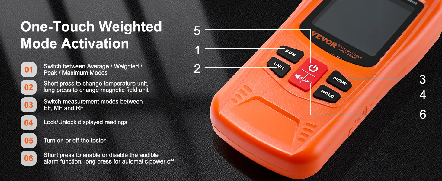 VEVOR emf meter with button functions for measurement modes, unit changes, and display lock/unlock.