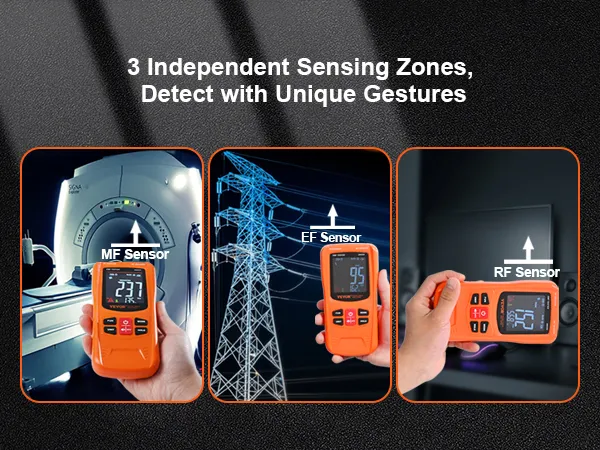 VEVOR emf meter with mf, ef, and rf sensors for precise detection in mri, power lines, and electronics.