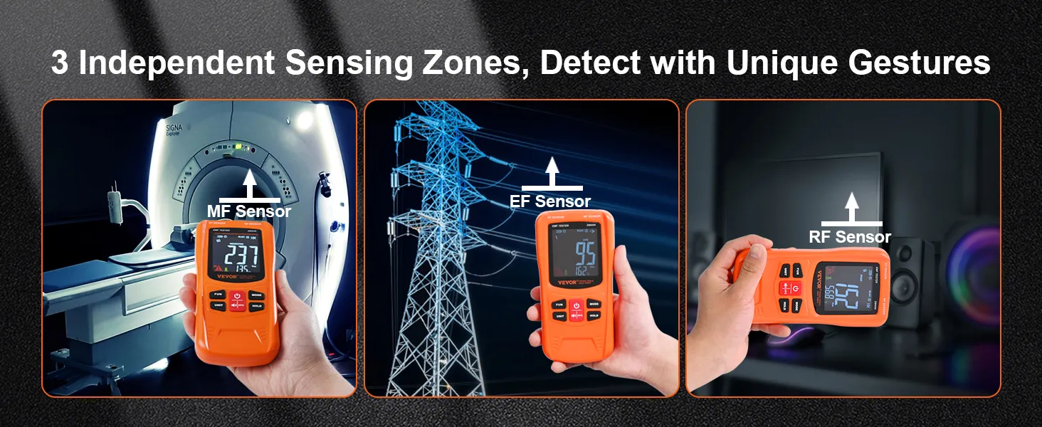 VEVOR emf meter with mf, ef, and rf sensors for precise detection in mri, power lines, and electronics.
