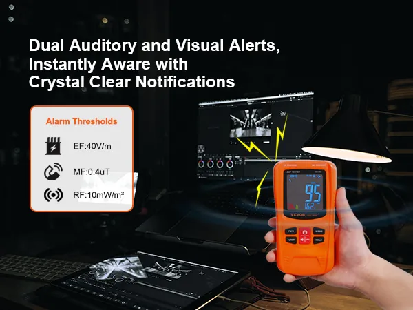 VEVOR emf meter displaying readings with dual auditory and visual alerts for clear notifications.