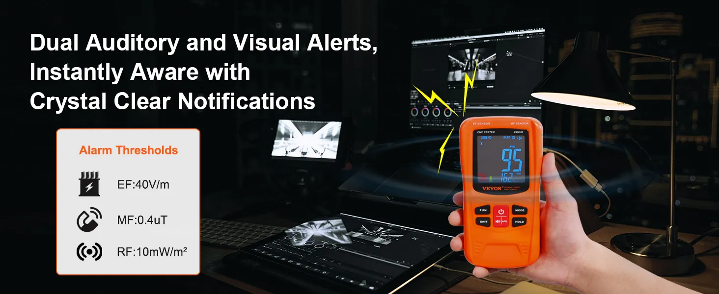 VEVOR emf meter displaying readings with dual auditory and visual alerts for clear notifications.
