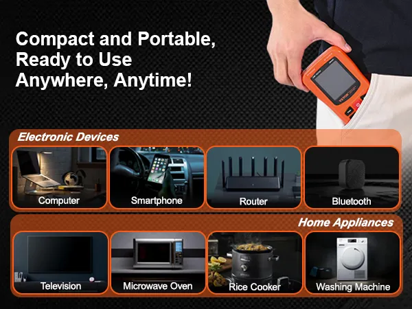 person holding a VEVOR emf meter, with images of electronic devices and home appliances.