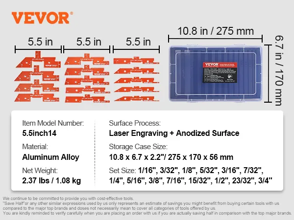 VEVOR router table setup bars, aluminum alloy, 5.5 in size, with storage case dimensions and weight.