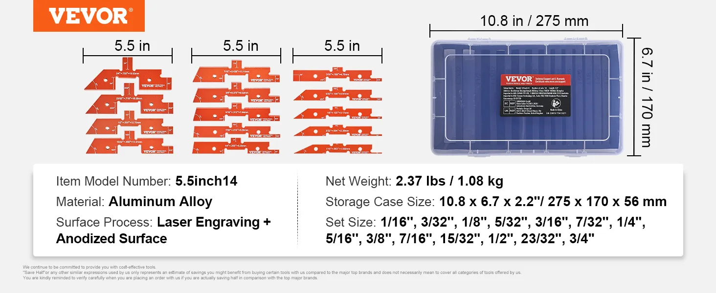 VEVOR router table setup bars, aluminum alloy, 5.5 in size, with storage case dimensions and weight.