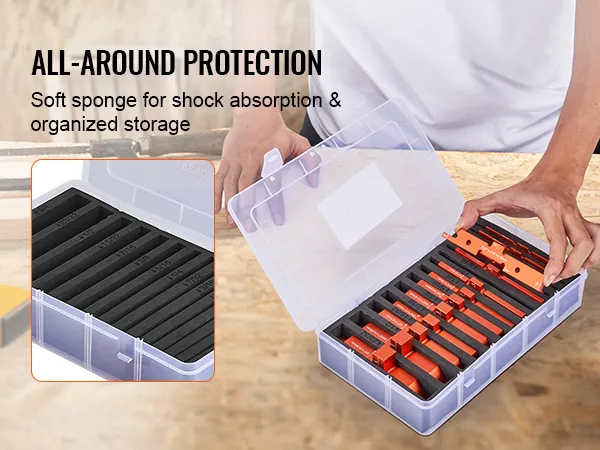 VEVOR router table setup bars with shock-absorbing sponge, neatly stored in a transparent plastic case.
