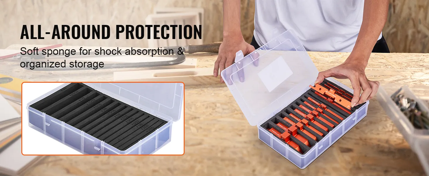 VEVOR router table setup bars with shock-absorbing sponge, neatly stored in a transparent plastic case.