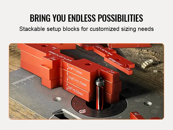 VEVOR router table setup bars in red, stacked for customized sizing on a woodwork surface.