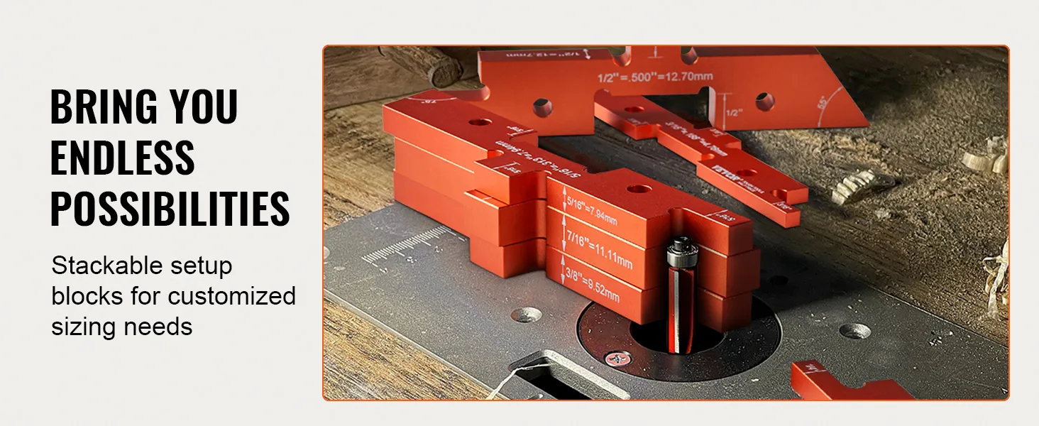 VEVOR router table setup bars in red, stacked for customized sizing on a woodwork surface.