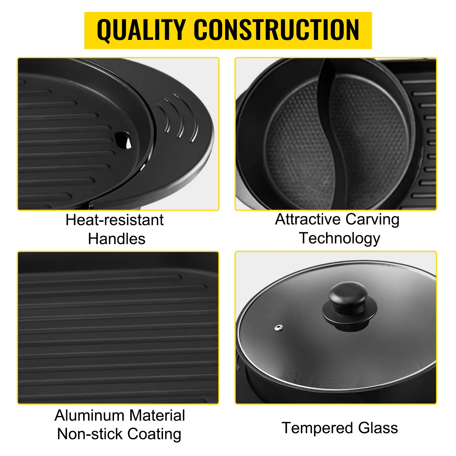 Parrilla para barbacoa y olla caliente VEVOR con asas resistentes al calor y tapa de vidrio templado.