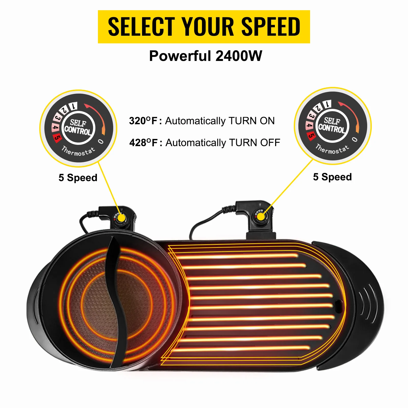 Parrilla y olla caliente VEVOR con termostato de 5 velocidades y calentamiento de 2400 W.
