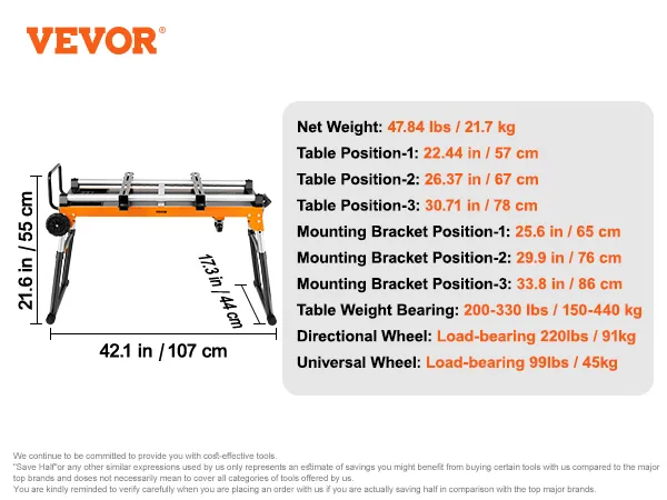 VEVOR miter saw stand with adjustable table positions and load-bearing wheels: 42.1 in tall, 47.84 lbs.