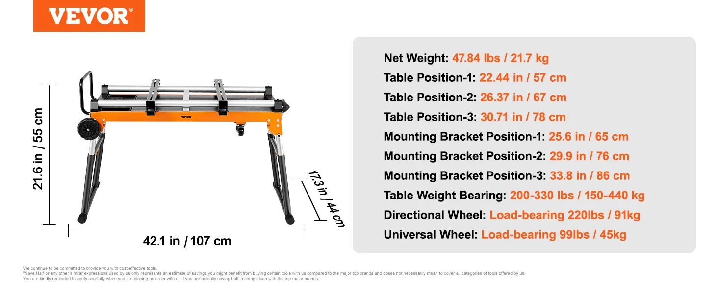 VEVOR miter saw stand with adjustable table positions and load-bearing wheels: 42.1 in tall, 47.84 lbs.