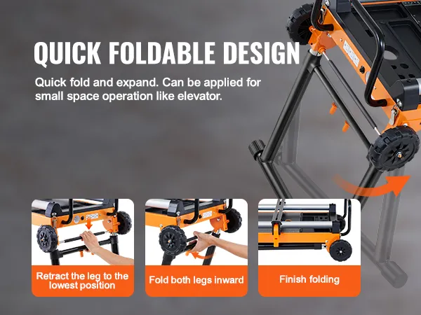 quick fold instructions for VEVOR miter saw stand: retract legs, fold inward, complete folding.