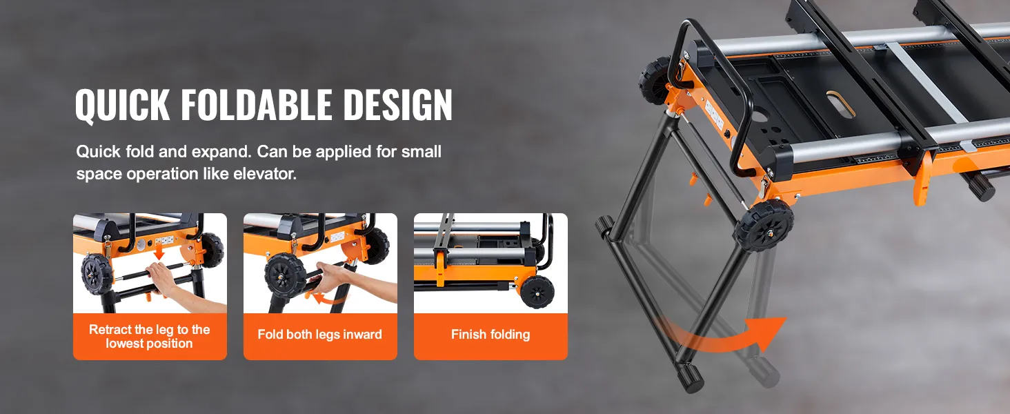 quick fold instructions for VEVOR miter saw stand: retract legs, fold inward, complete folding.