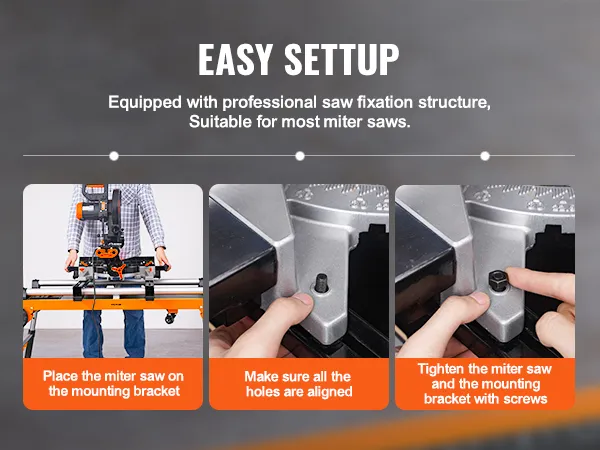 easy setup instructions for securing a miter saw on a VEVOR miter saw stand, including alignment and tightening.