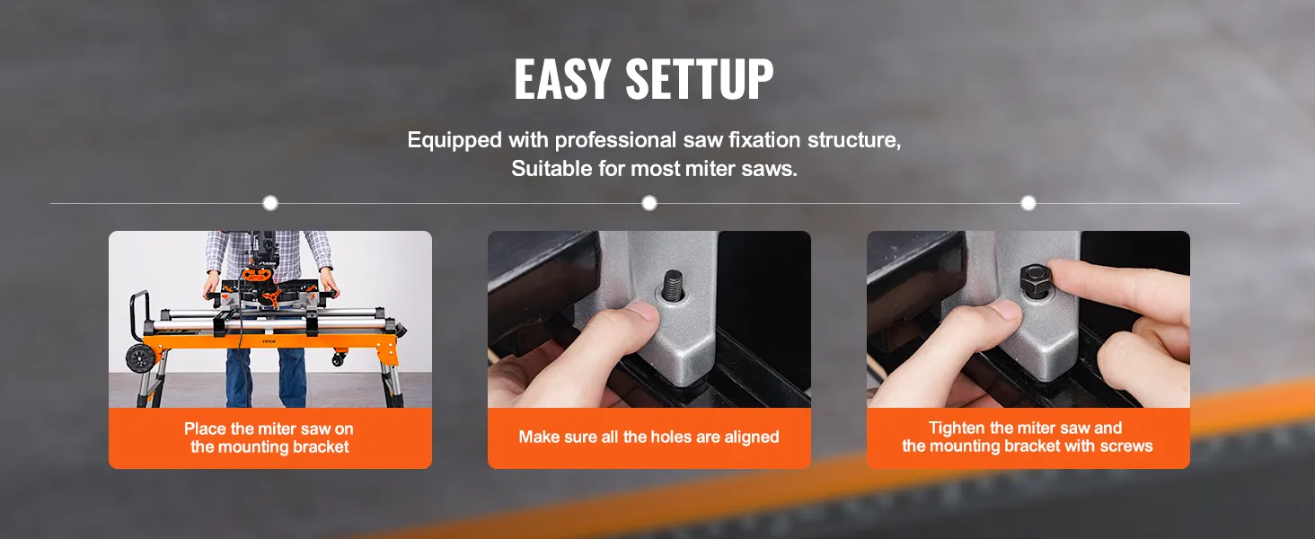 easy setup instructions for securing a miter saw on a VEVOR miter saw stand, including alignment and tightening.