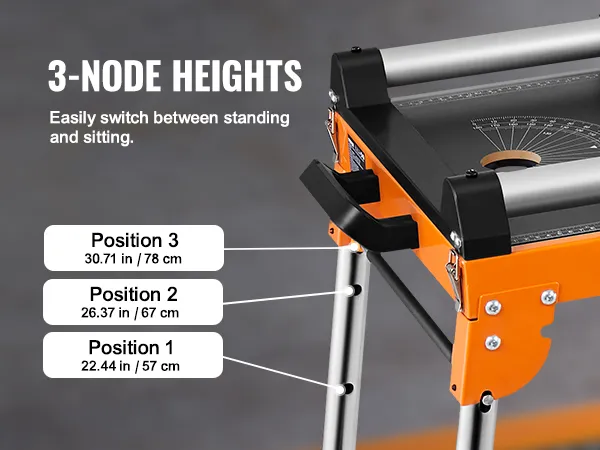 VEVOR miter saw stand adjustable heights: 30.71 in, 26.37 in, 22.44 in for versatile use.