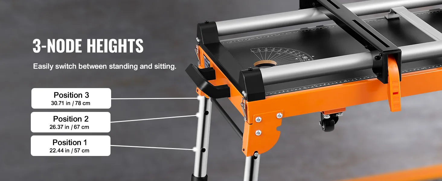 VEVOR miter saw stand adjustable heights: 30.71 in, 26.37 in, 22.44 in for versatile use.