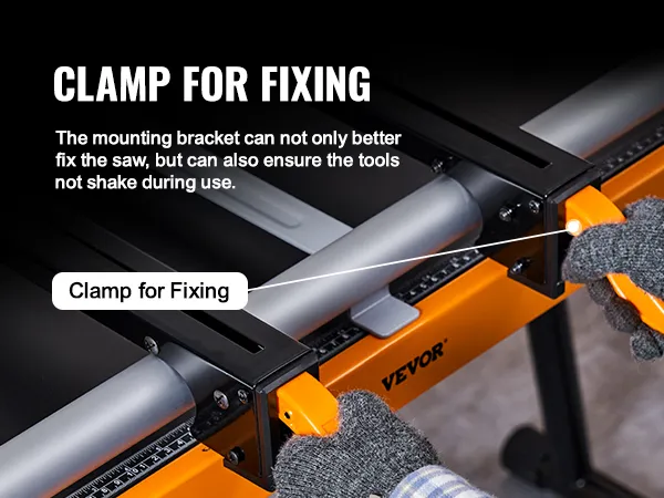 VEVOR miter saw stand clamp for fixing with grey gloves adjusting an orange handle on a mounting bracket.
