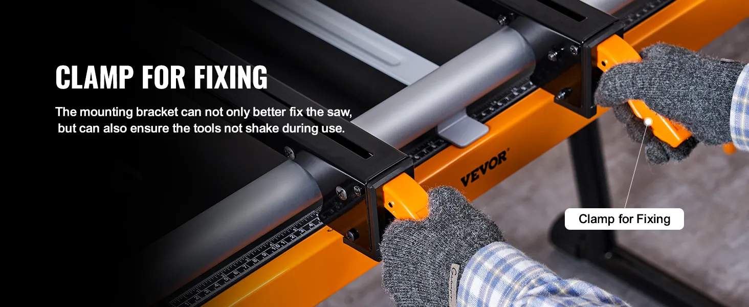 VEVOR miter saw stand clamp for fixing with grey gloves adjusting an orange handle on a mounting bracket.