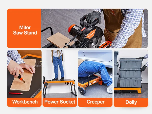 VEVOR miter saw stand, workbench, power socket, creeper, and dolly for versatile use.