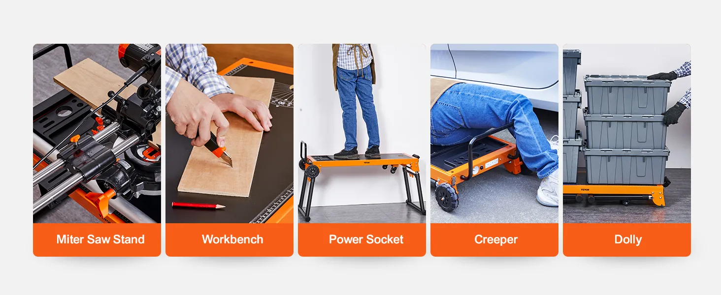 VEVOR miter saw stand, workbench, power socket, creeper, and dolly for versatile use.