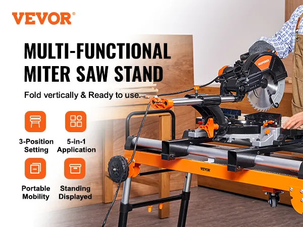 VEVOR miter saw stand with a miter saw in use, showcasing 5-in-1 application and portable mobility.