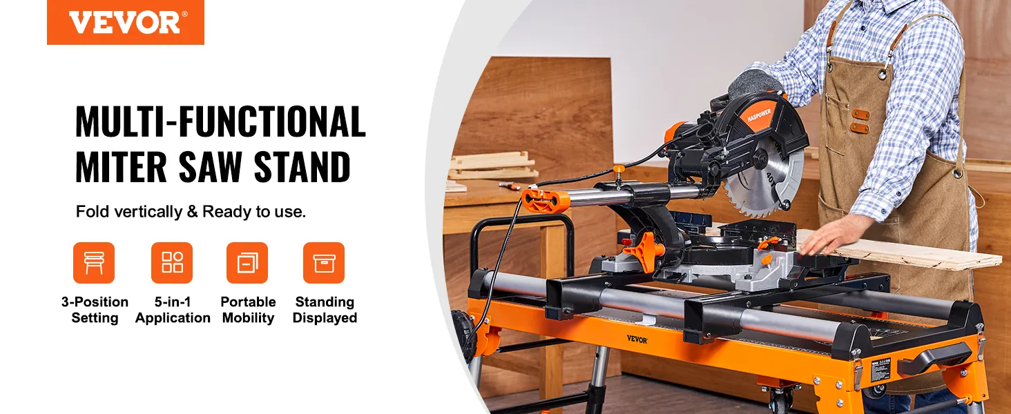 VEVOR miter saw stand with a miter saw in use, showcasing 5-in-1 application and portable mobility.