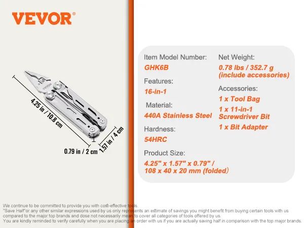VEVOR multitool pliers, 16-in-1, stainless steel, compact, tool bag and screwdriver bit included.