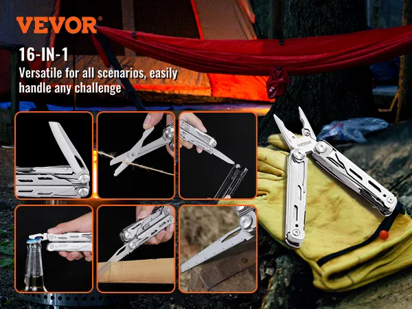 VEVOR multitool pliers showcased in various camping and utility scenarios with 16-in-1 functionality.