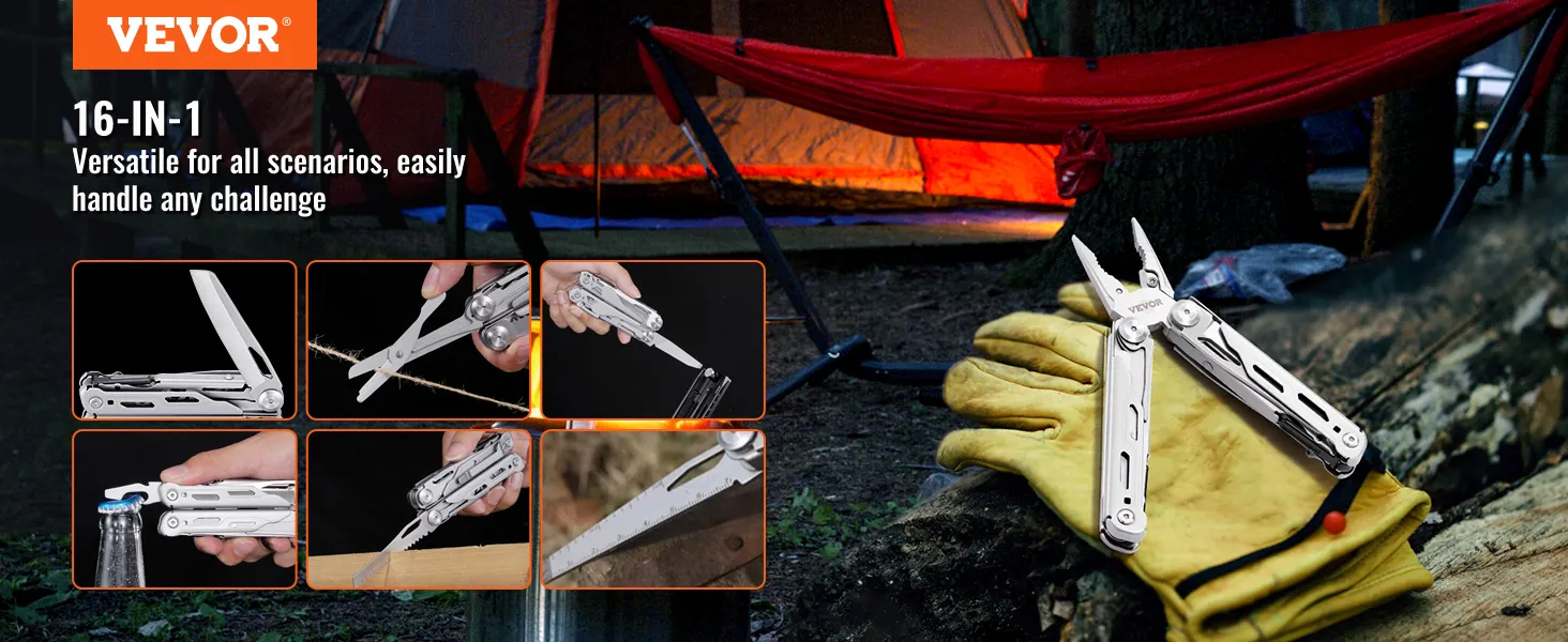 VEVOR multitool pliers showcased in various camping and utility scenarios with 16-in-1 functionality.