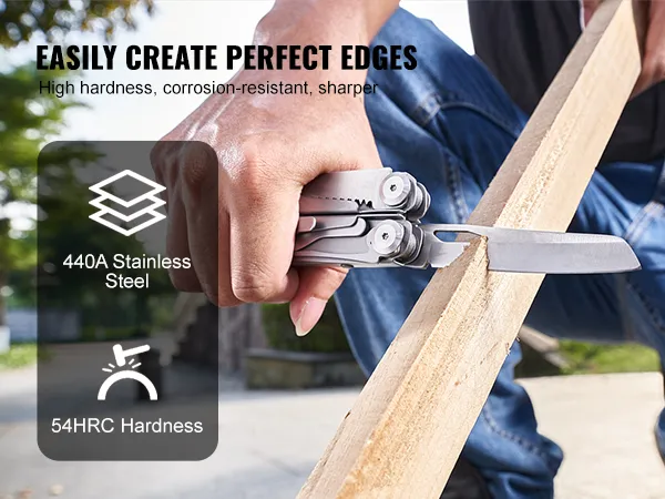 VEVOR multitool pliers carving wood, 440a stainless steel, 54hrc hardness, easily create perfect edges.