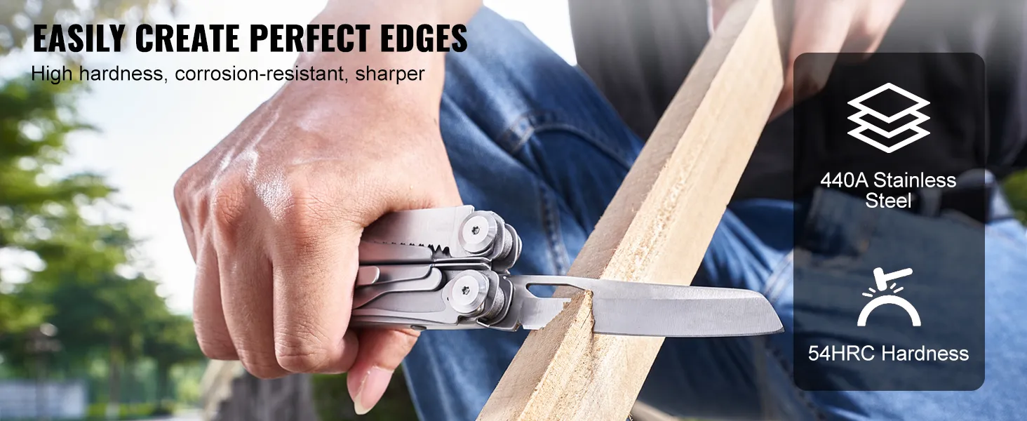 VEVOR multitool pliers carving wood, 440a stainless steel, 54hrc hardness, easily create perfect edges.