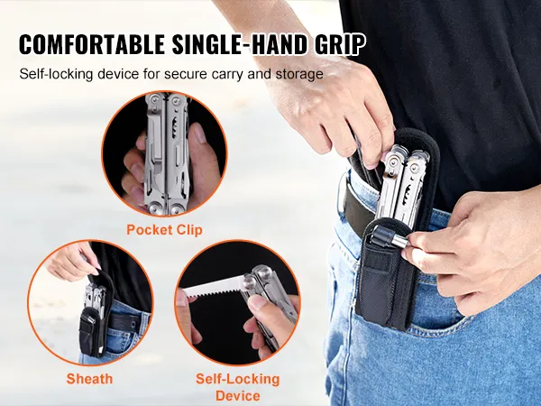 VEVOR multitool pliers with pocket clip and sheath for secure carrying, demonstrating single-hand grip.