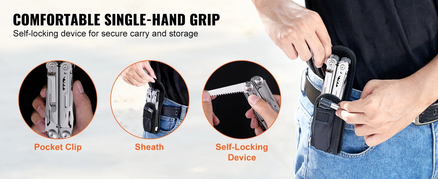 VEVOR multitool pliers with pocket clip and sheath for secure carrying, demonstrating single-hand grip.