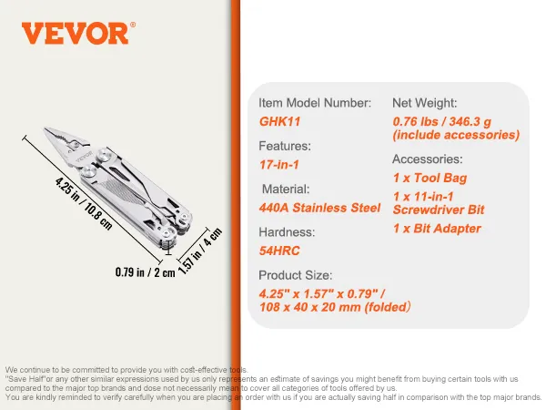 VEVOR multitool pliers, 17-in-1, 440a stainless steel, 4.25"x1.57"x0.79" folded, accessories included.
