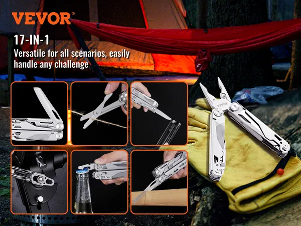 VEVOR multitool pliers 17-in-1, versatile and robust camping tool, featuring different multifunctional uses.