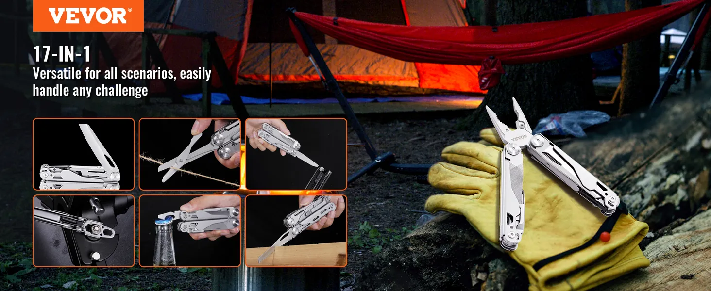 VEVOR multitool pliers 17-in-1, versatile and robust camping tool, featuring different multifunctional uses.