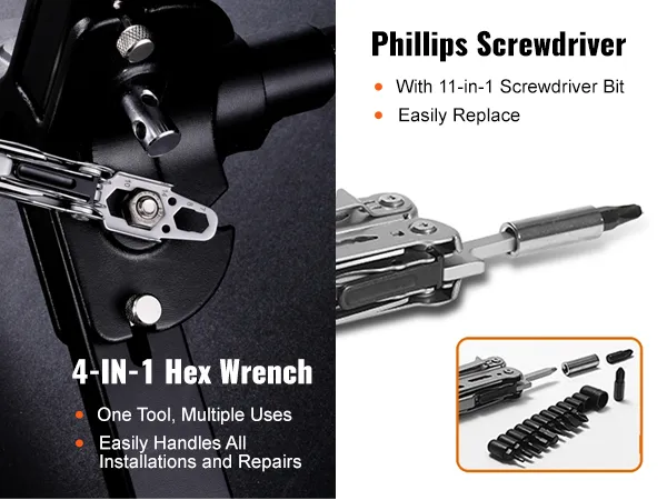 VEVOR multitool pliers with 4-in-1 hex wrench and 11-in-1 phillips screwdriver bit attachments.