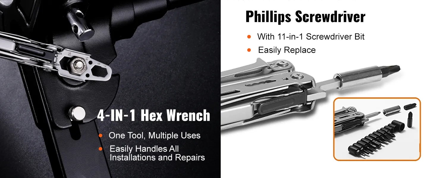 VEVOR multitool pliers with 4-in-1 hex wrench and 11-in-1 phillips screwdriver bit attachments.