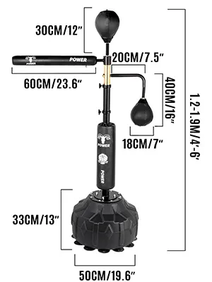 A VEVOR Boxing Speed ​​​​Trainer méretei és alkatrészei cm-ben/hüvelykben.