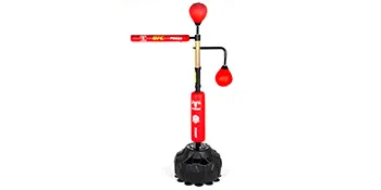 red VEVOR boxing speed trainer on black base with adjustable speed bags and horizontal bar.