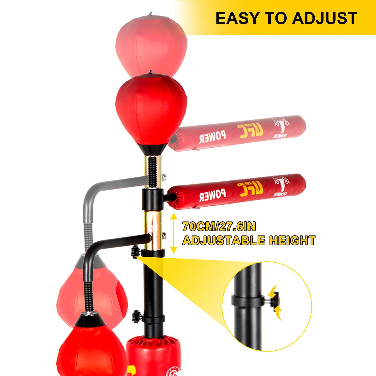 VEVOR boxing speed trainer with adjustable height, red pads, and easy-to-adjust knob.