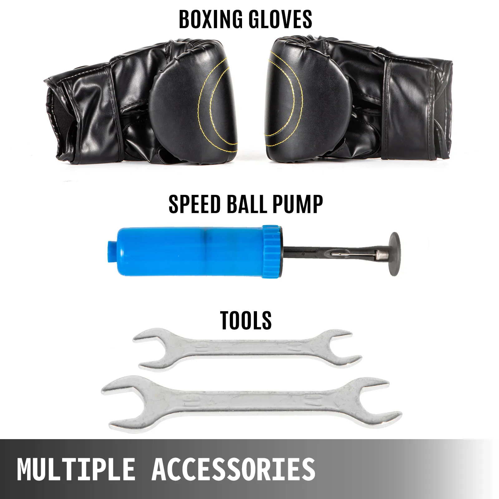 boxing gloves, speed ball pump, and tools for VEVOR boxing speed trainer. multiple accessories.